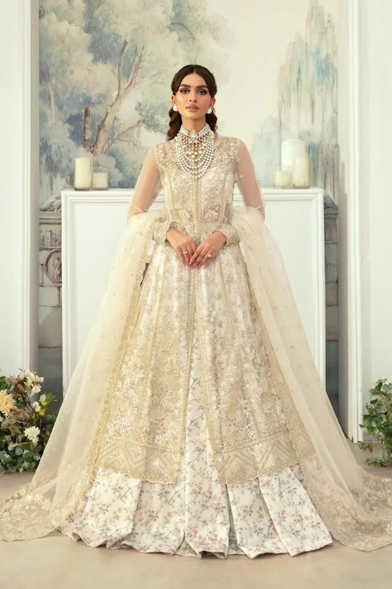 ivory asian wedding dresses Champagne Embellished Front Open Gown, Heavily Beaded Pakistani Dress, Bridal Gown With Trouser, 3 Piece Unstitched Suit modern white chinese wedding dress