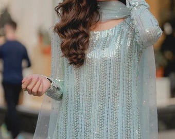 Embroidered Organza Blue color Salwar Kameez: Pakistani Bridal Dress