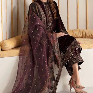 Purple embroidered velvet punjabi suit pakistani salwar kameez organza wedding dress