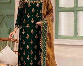 Embroidered Organza Green Salwar Kameez: Pakistani Bridal Dress
