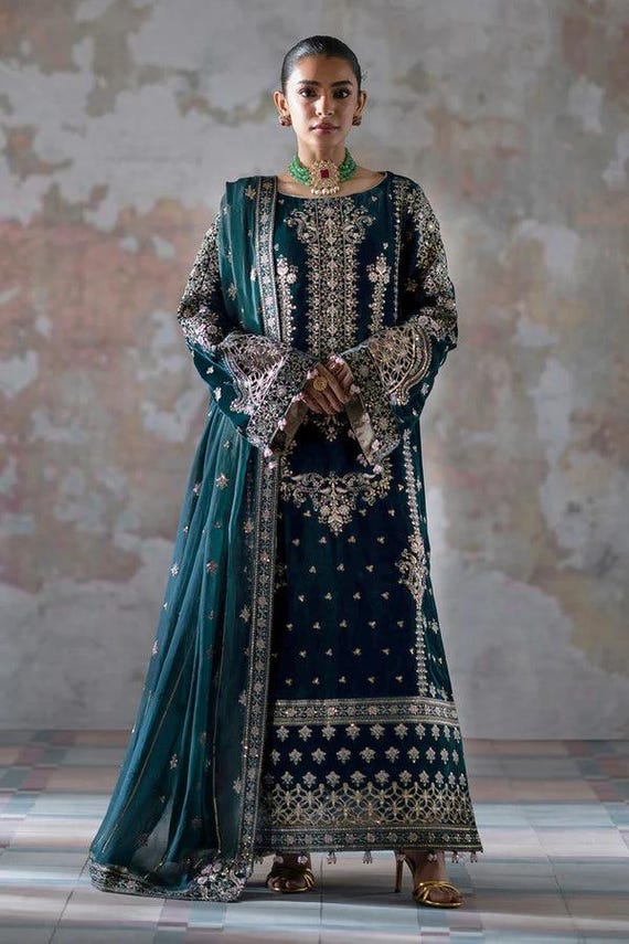 formal punjabi dress New Blue Embroidered Velvet Salwar Kameez | Pakistani Wedding Suit | Organza Women maternity-sequin