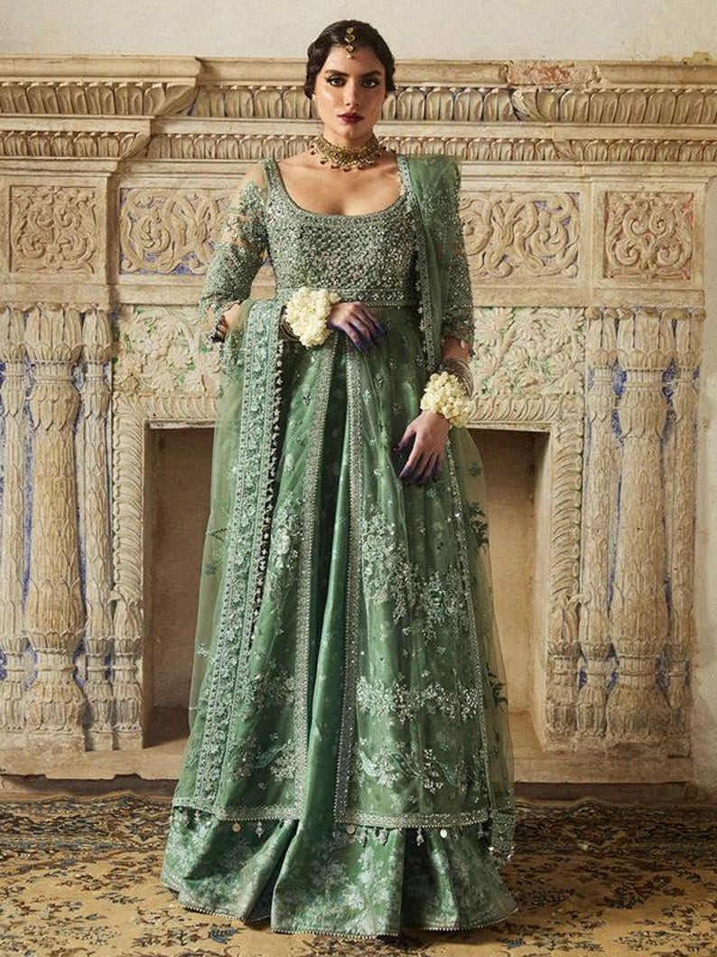 Green Top with Pearl Embellishment and Organza Lehenga with Embroidered Dragonflies and Pearls for Girls main image 1