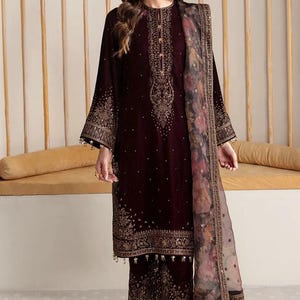 Purple embroidered velvet punjabi suit pakistani salwar kameez organza wedding dress