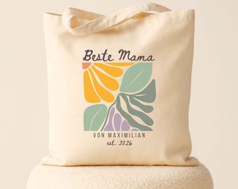 Beste Mama Jutebeutel Personalisiert mit Name und Est. Datum, Einkaufstasche mit Blumen, Muttertag, Geschenkidee Mutter Geschenk Mama Geburt