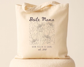 Beste Mama Jutebeutel Personalisiert mit Name und Est. Datum, Einkaufstasche mit Blumen, Muttertag, Geschenkidee Mutter Geschenk Mama Geburt