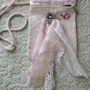Beautiful Embellished Shabby Tattered Linen Purse...Handmade