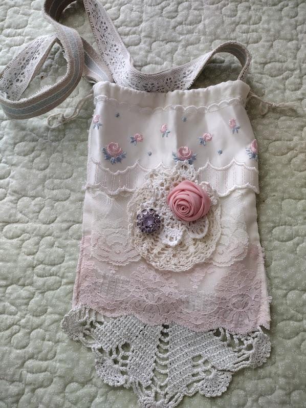 Beautiful Embellished Shabby Tattered Linen Purse...Handmade