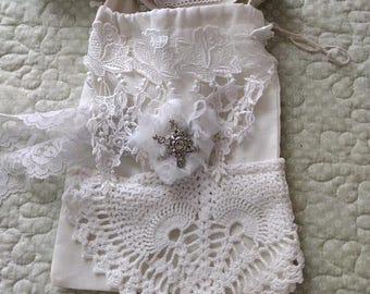 Beautiful Embellished Shabby Tattered Linen Purse...Handmade