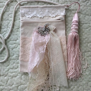 Beautiful Embellished Shabby Tattered Linen Purse...Handmade