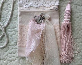 Beautiful Embellished Shabby Tattered Linen Purse...Handmade