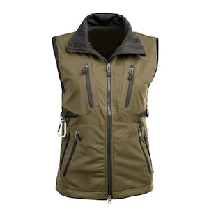 May include: A green and black vest with multiple pockets and a zipper closure. The vest has a black collar and a silver carabiner clip attached to the side.
