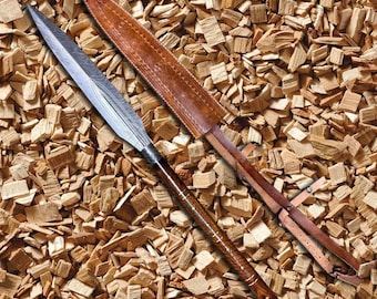 Hand-Forged Damascus Viking Spear: Medieval Decor with Leather Sheath