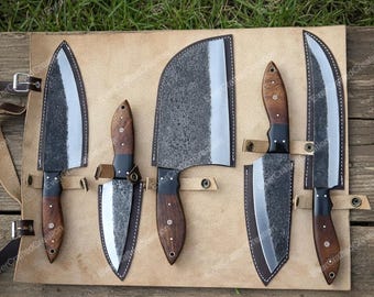 Juego de cuchillos de chef de acero con alto contenido de carbono hechos a mano: mango de resina de palisandro, funda de cuero