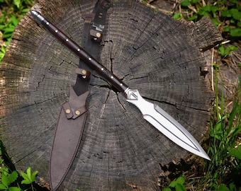 Lanza vikinga de acero con alto contenido de carbono hecha a mano con funda de cuero