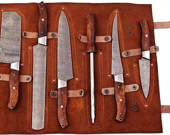 Juego de cuchillos de chef de acero de Damasco hechos a mano, mangos de palisandro y funda de cuero.