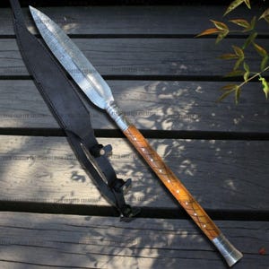 Authentic 30&quot; Viking Spear: Hand-Forged Damascus Steel with Rosewood Handle - Perfect for Medieval Cosplayr - Includes Leather Sheath!