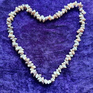 May include: A necklace made of small, natural seashells arranged in a heart shape. The shells are primarily cream and brown, set against a deep purple velvet background. The necklace is a unique, handcrafted jewelry item.