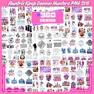 May include: A collection of PNG and SVG designs featuring the text "Huntrix Kpop Demon Hunters" and "360 Design." The images include various illustrations of characters, logos, and text elements in a vibrant pink and white color scheme. The designs are suitable for digital art projects.