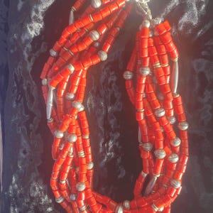 Rare antique Navajo red coral Heishi Choker necklace with repousśe button clasp and silver beads