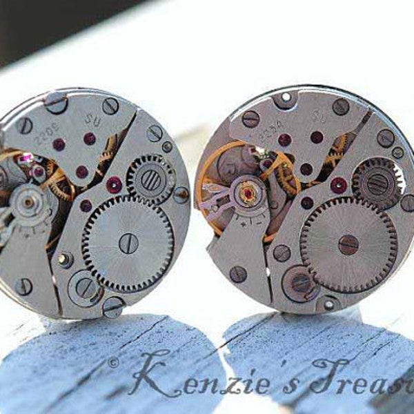 Matching Round Steampunk Cufflinks - Vintage Russian Zarja Watch Movements