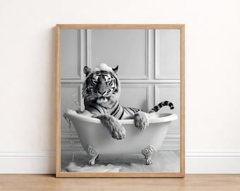Tiger in Bathtub Poster – Whimsical Animal Bathroom Wall Art, 6 Available Sizes