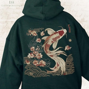 Cozy Vintage Japanese Koi Fish Hoodie Nautical Animal Asian Art Nouveau Japan Hooded Sweater Pond Top Urban Unisex Spring Shirt Tokyo Style