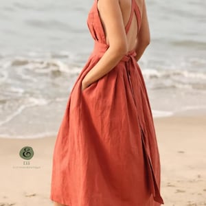 Linen apron dress , Pinafore dress with pockets, Cross back linen dress, Sleeveless linen dress, A line linen dress, Linen dress women