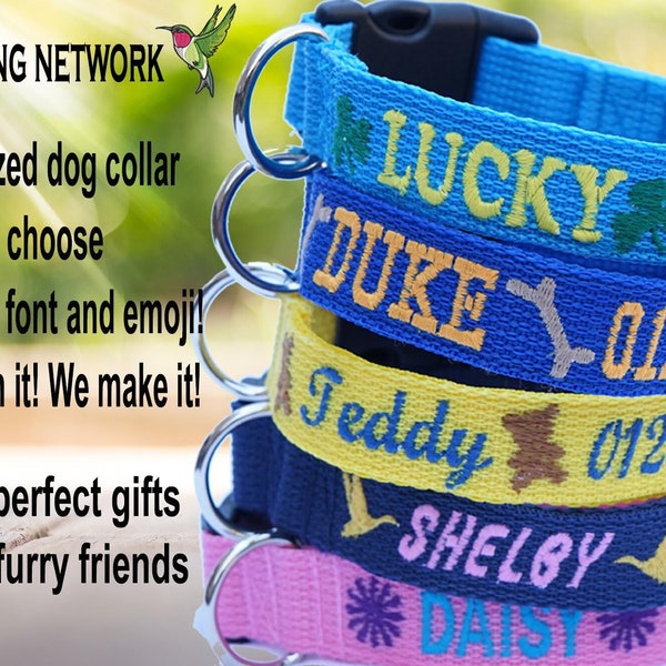 Customized Dog Collar, Personalized Collar, Custom made dog collar with emojis, Id collar with phone number, Embroidered, all sizes Handmade