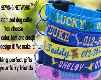 Customized Dog Collar, Personalized Collar, Custom made dog collar with emojis, Id collar with phone number, Embroidered, all sizes Handmade