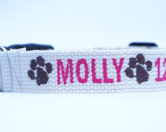 Cotton Dog Collar, Personalized Collar, Custom made dog collar with emojis, Id collar with phone number, Embroidered, all sizes Handmade