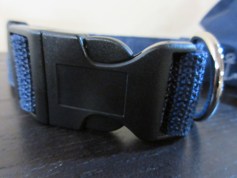 May include: Close-up of a black plastic dog collar buckle with a blue fabric strap. The buckle is a quick-release type, with a curved design. A silver metal ring is visible on the side.