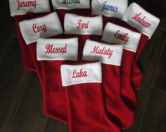 10 Personalized Christmas Stockings, 10 Red Stocking with Name, Christmas Stockings Embroidered with Name, Family Christmas Stockings