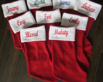 9 Personalized Christmas Stockings, 9 Red Stocking with Name, Christmas Stockings Embroidered with Name, Family Christmas Stockings Monogram
