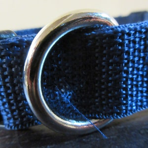 May include: Close-up of a navy blue nylon webbing with a shiny silver metal ring. The webbing has a textured weave and is stitched together. The ring is smooth and reflective, contrasting with the fabric.