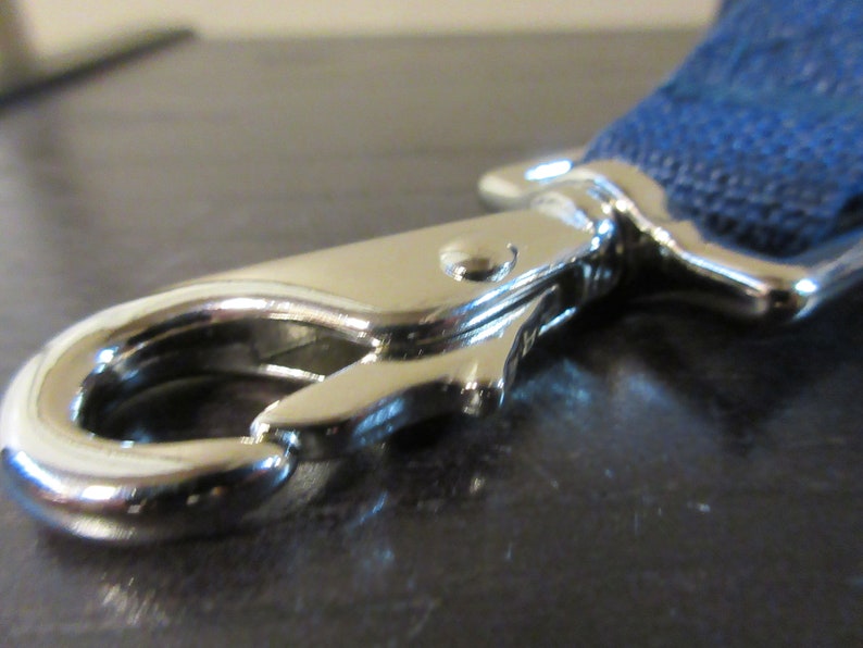 May include: Close-up of a shiny, silver-colored metal clasp with a curved hook and a spring-loaded lever. A blue woven strap is attached to the clasp. The clasp is likely part of a leash or strap.