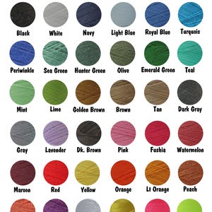 May include: A thread color chart from The Sewing Network, featuring a variety of thread colors. Colors include black, white, navy, light blue, royal blue, turquoise, periwinkle, sea green, hunter green, olive, emerald green, teal, mint, lime, golden brown, brown, tan, dark gray, gray, lavender, dk. brown, pink, fushia, watermelon, maroon, red, yellow, orange, lt orange, peach, coral, purple, silver, gold, neon pink, and neon green.