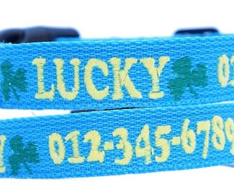 St Patrick's  Day Irish, Personalized Collar, Custom made dog collar Embroidered with Name and Shamrock emojis, all sizes Handmade