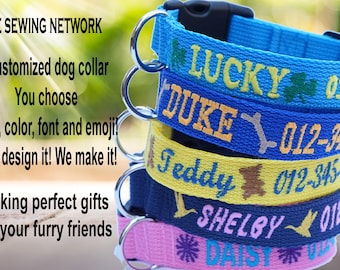 Collar bordado para perro: Identificación personalizada con nombre, número y emoji.