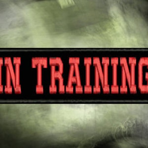 May include: Embroidered patch with the words "IN TRAINING" in red block letters on a black rectangular background. The patch has a black border and is set against a blurred, olive green and gray background.