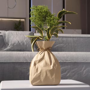 Vaso a forma di sacchetto di carta, decorazione unica per la casa o l'ufficio per bouquet di fiori e piante freschi o secchi