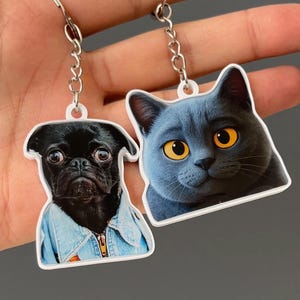 Custom Photo Keychain | People & Pets Portrait Keychain | Cartoon or Real Image | Personalized Gift | Family Photo, Cat and Dog Keychain