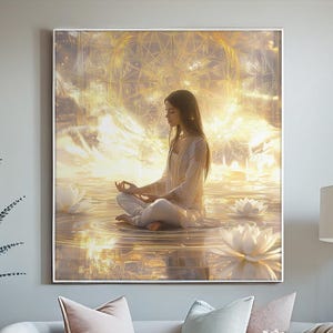 Zen Meditation Art Print: Serene Woman, Lotus Flowers (Digital Download, 8000x8000 px JPG