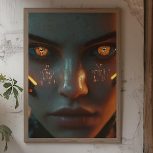 Zestaw plakatów ściennych Cyberpunk Neon Sci-Fi do pobrania w wersji cyfrowej. Futurystyczne miejskie pejzaże do dekoracji pokoju gier.