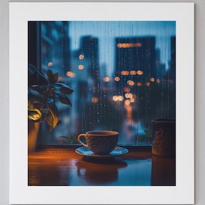 Cozy Rainy Window Wall Art Digital Print Warm Tea Poster Printable Living Room Bedroom Decor Instant Download