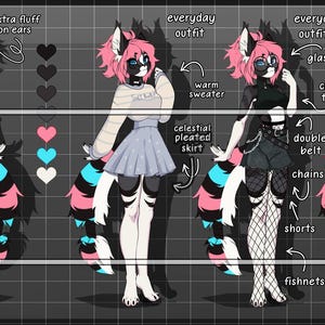 May include: A digital art piece showcasing a character with pink and black fur, various outfits, and accessories. Outfits include a black dress, a warm sweater with a pleated skirt, and a dinosaur jumpsuit. The character has long hair and a tied-up tail.