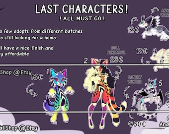 LAST CHARACTERS: dutch angel dragon, japanese demon nekomata, noodle dragon - cheap furry adopt fursona oc bundle batch chibi feral cat dog