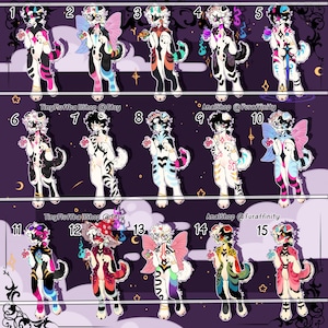 Può includere: Stampa d'arte digitale con 15 personaggi di animali antropomorfi stilizzati con varie combinazioni di colori e accessori. I personaggi sono visualizzati su uno sfondo viola con stelle e lune crescenti. Il testo include i nomi dei negozi.