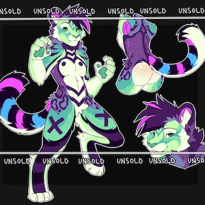 Puede incluir: Ilustración digital de un personaje felino antropomórfico estilizado. El personaje presenta una paleta de colores turquesa, morado y blanco, con una cola a rayas y marcas. La imagen incluye múltiples vistas del personaje.
