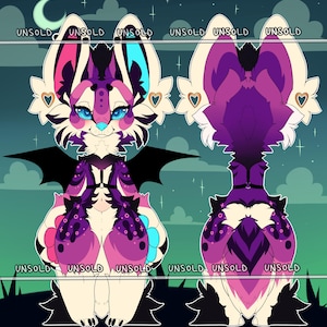 May include: A digital illustration of a fantasy creature with a front and back view. The creature has a white, purple, pink, and blue color scheme. It has large ears, blue eyes, and a bat-like wing design. The word "UNSOLD" is repeated across the top and bottom.