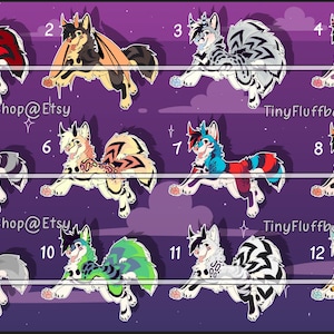 Puede incluir: Doce ilustraciones digitales de lobos coloridos con diferentes patrones y diseños. Los lobos están numerados del 1 al 12. El texto "Tiny FluffballShop@Etsy" aparece en la parte inferior de la imagen.